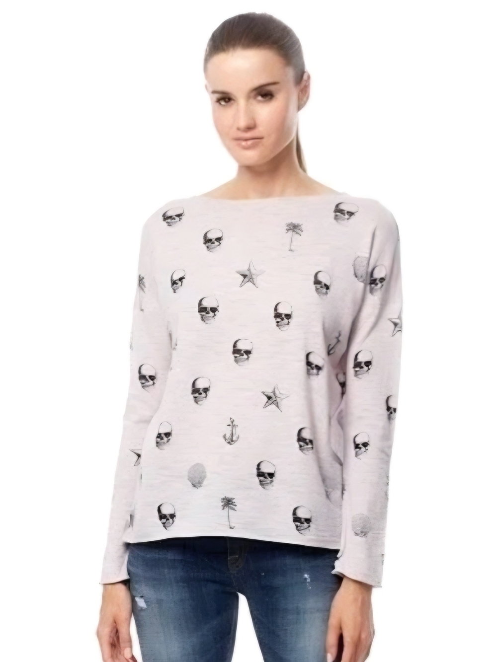 Skull Cashmere Tropical Skull Motif Long Sleeve Top Size L!